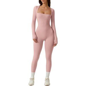 Women Peach Sexy Neck Long Sleeve Full Length Legging Bodycon Jumpsuit